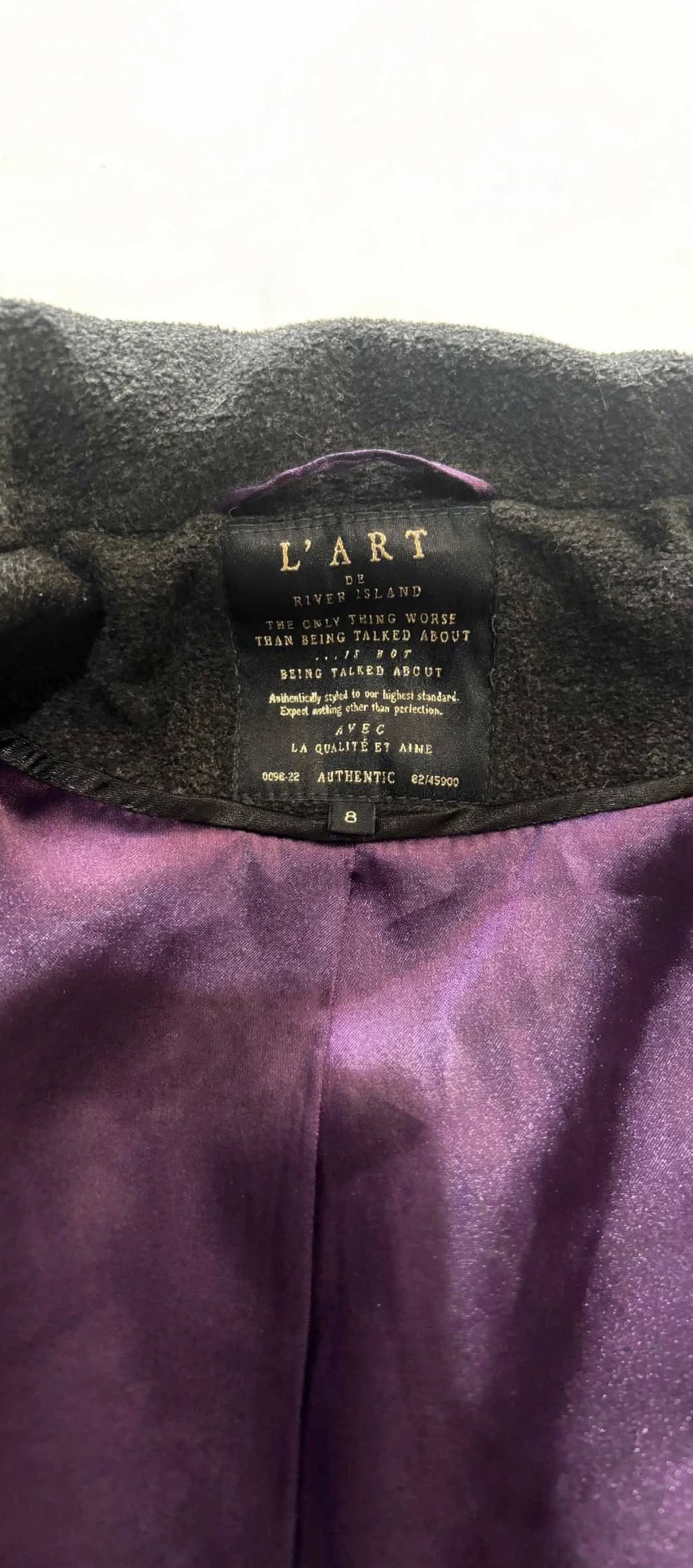 L’ART de River Island Charcoal Military Coat – Embroidered Frog Detail UK 8