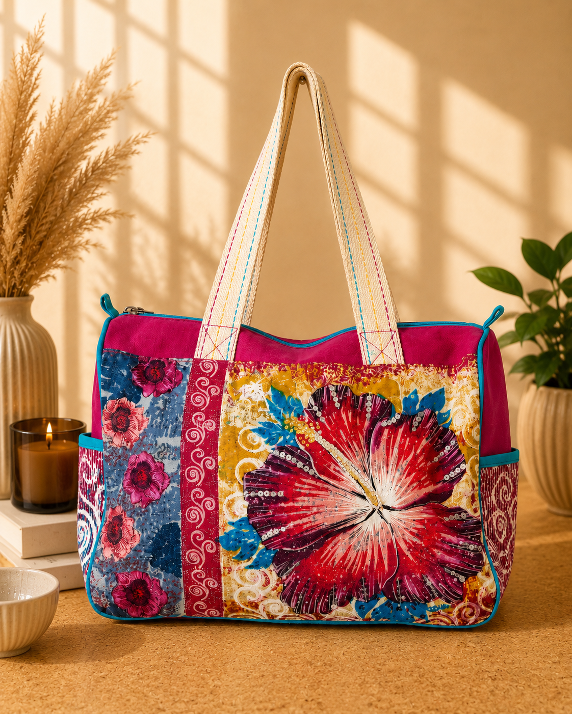 Megina Colourful Patchwork Tote Bag – Floral Boho Zip Top