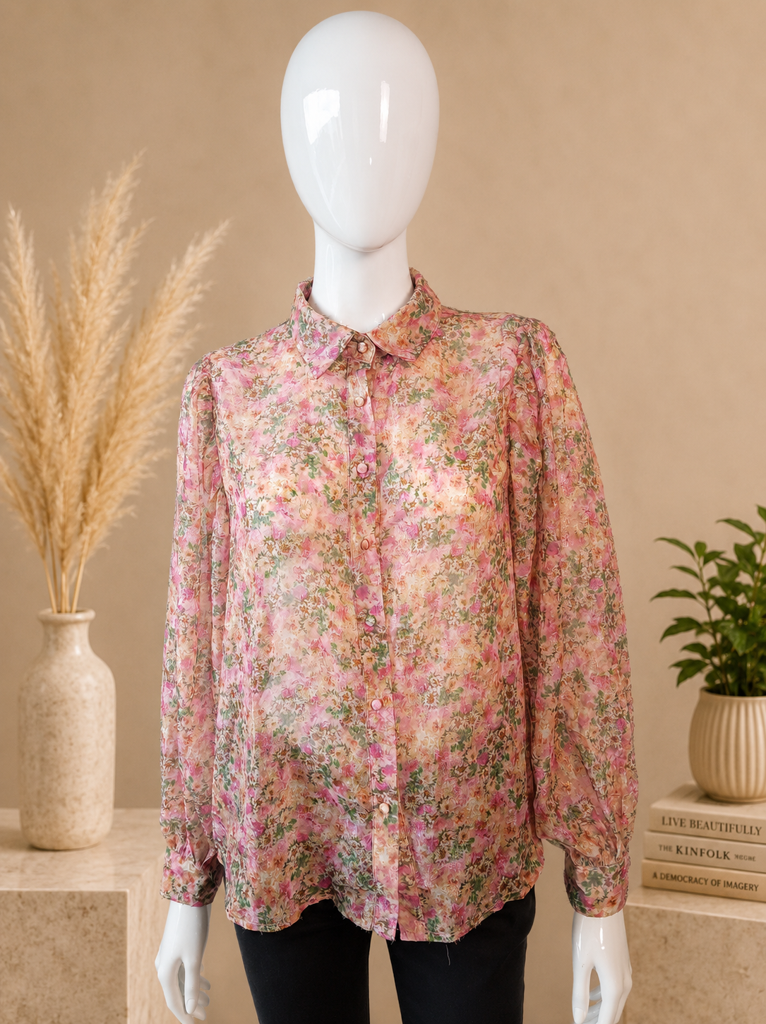 Vintage Inspired Pink Floral Shimmer Blouse | Puff Sleeve Sheer Top | Size M/L