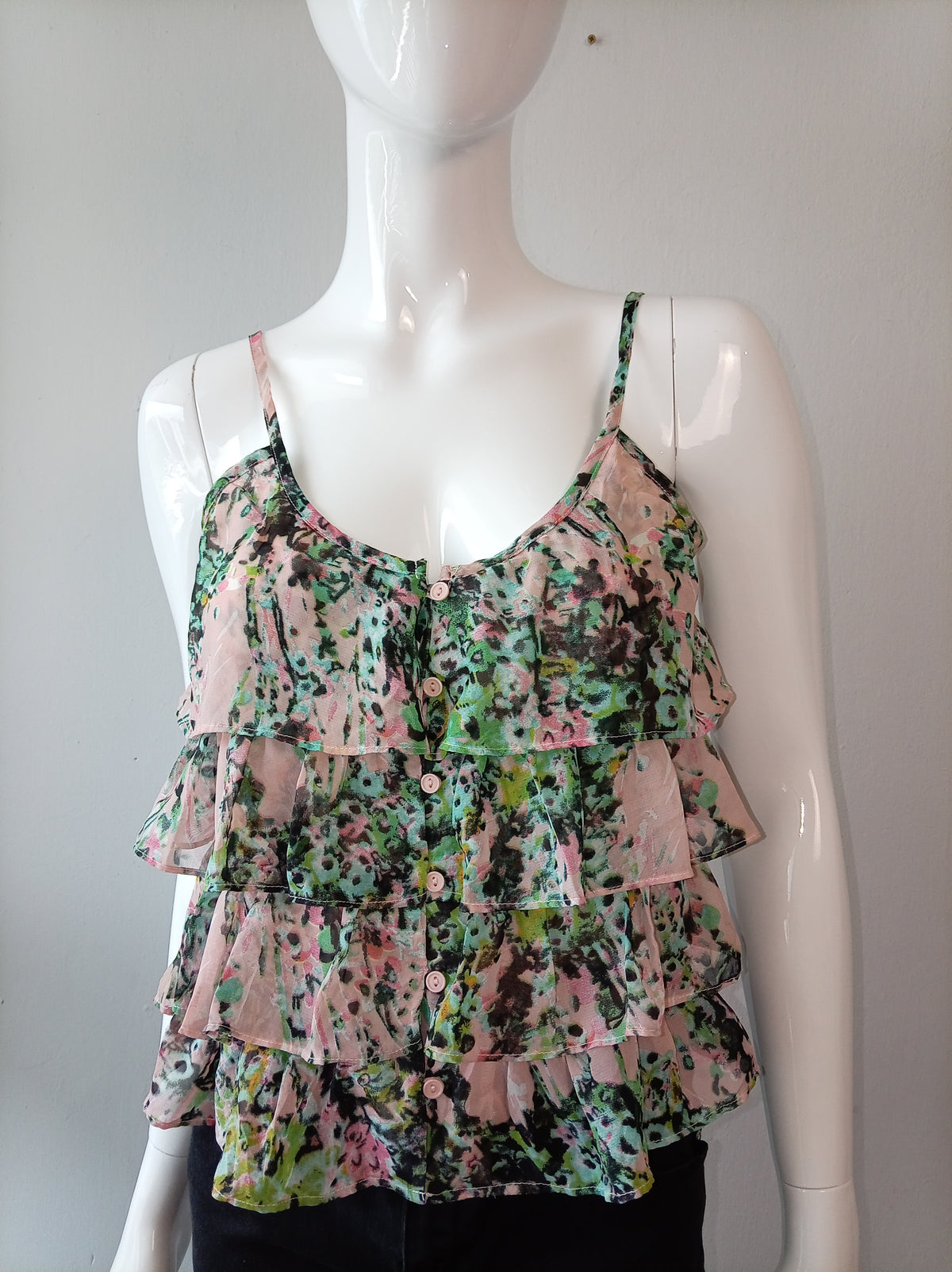 Liberty Love Pink Green Floral Tiered Ruffle Cami Top XS
