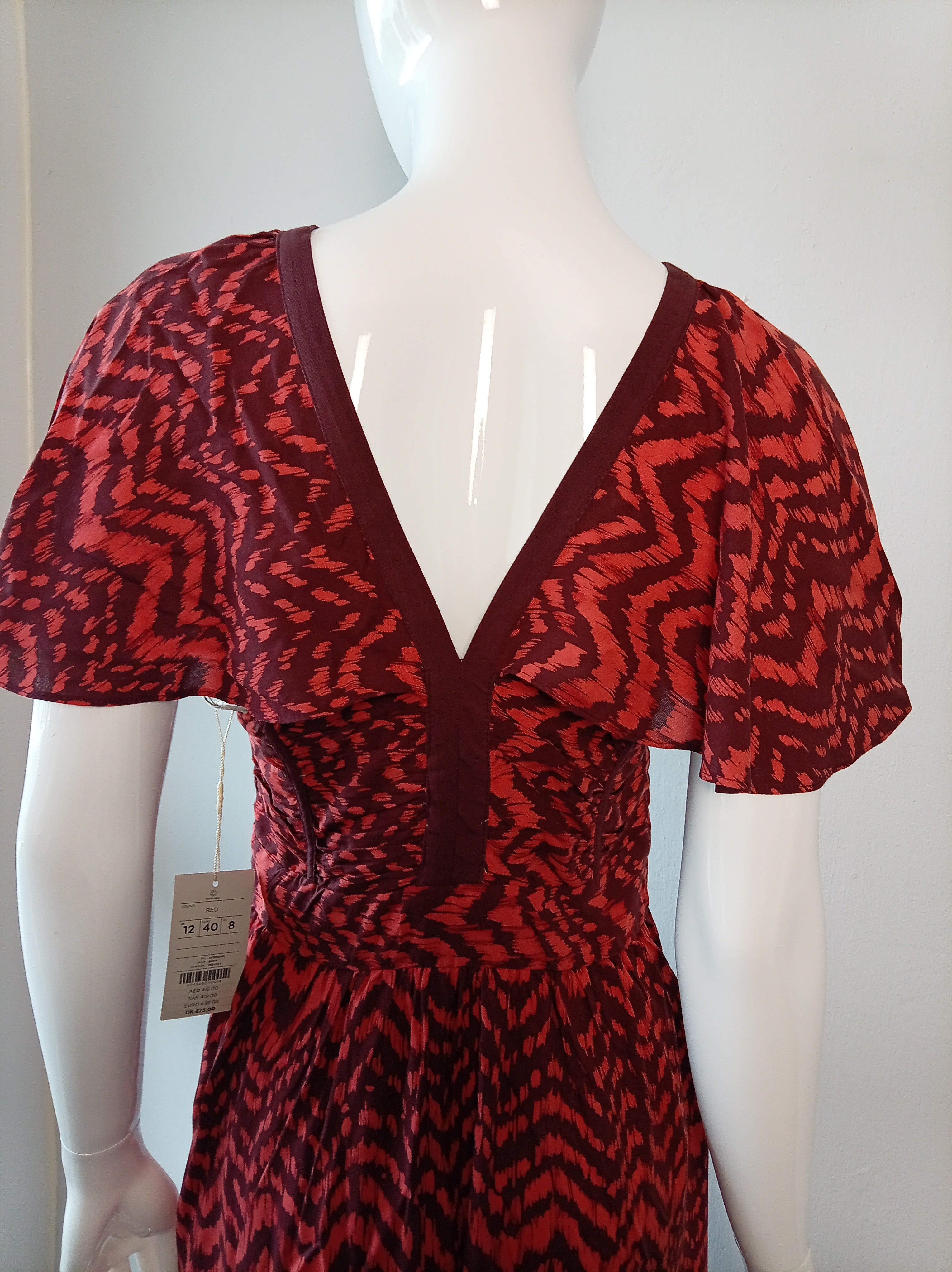 Red Abstract Print Midi Dress UK 12 BNWT Flutter Sleeve Occasion Dress