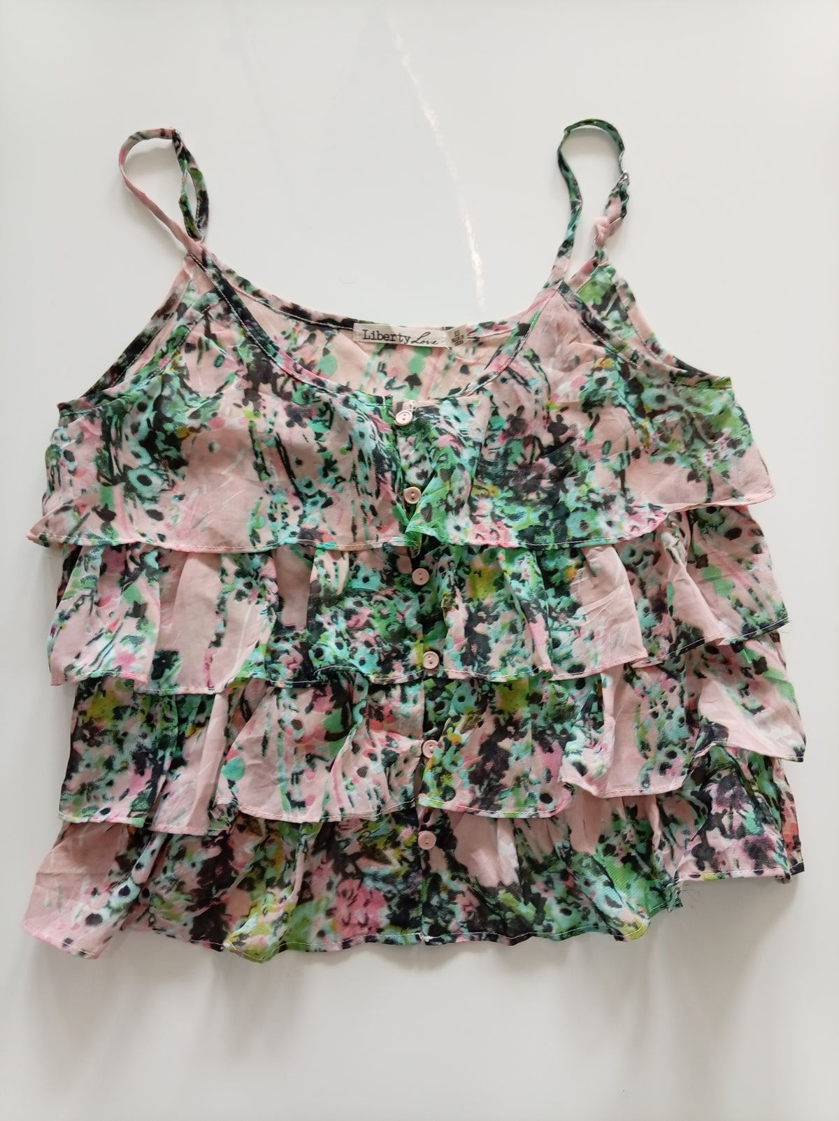 Liberty Love Pink Green Floral Tiered Ruffle Cami Top XS