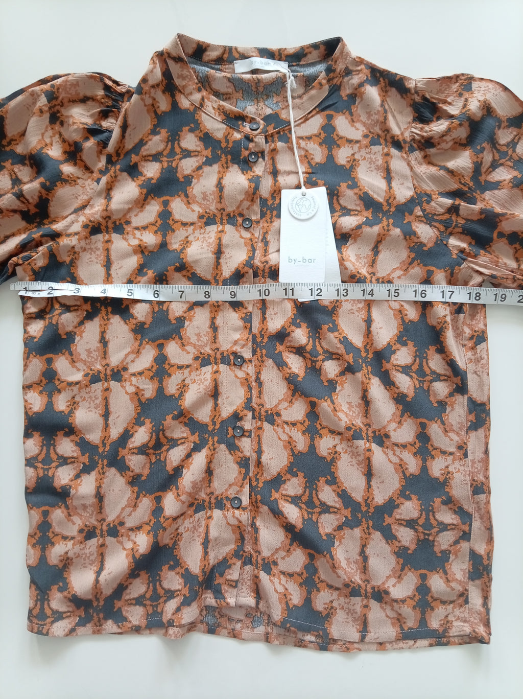 BNWT By-Bar Girls Rikki Batik Blouse | Peach & Charcoal Print | Size 14