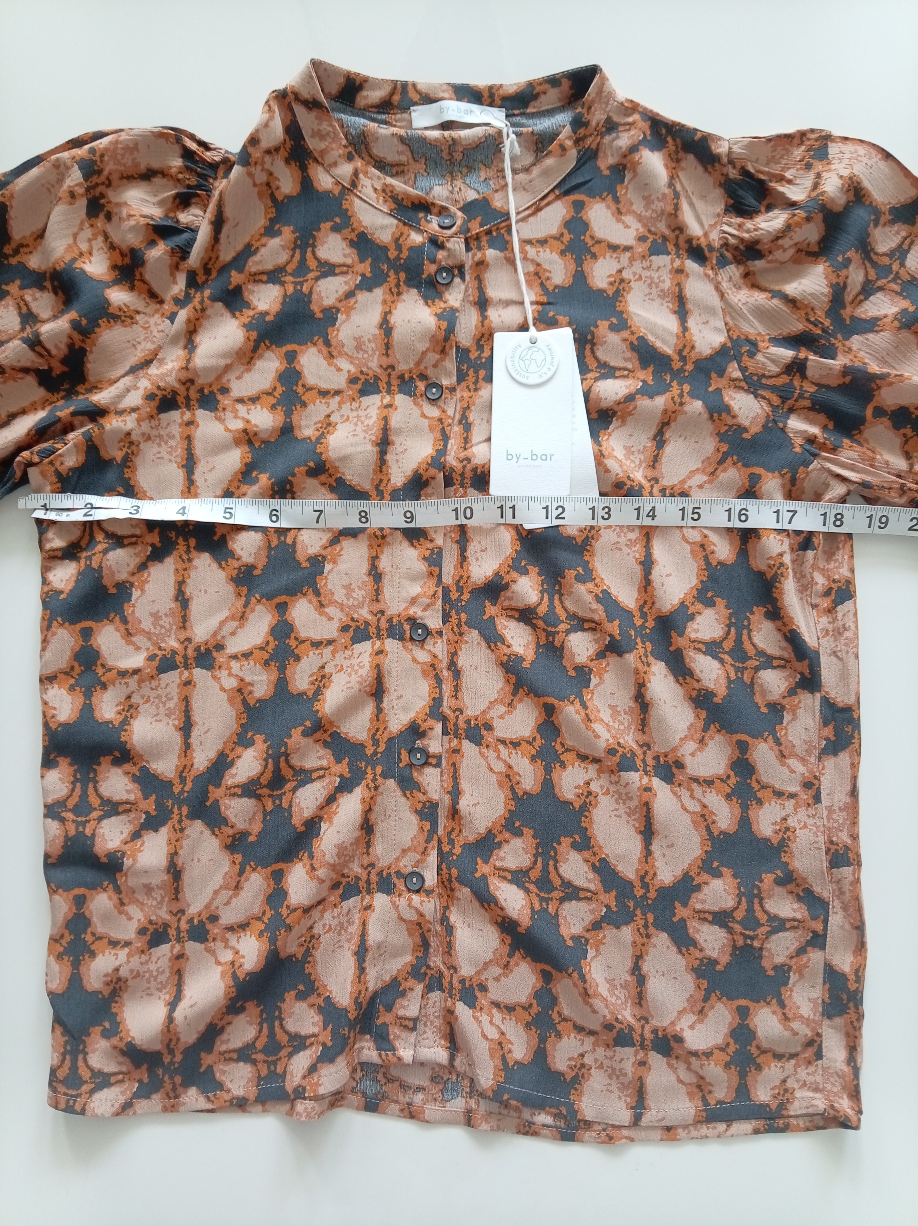 BNWT By-Bar Girls Rikki Batik Blouse | Peach & Charcoal Print | Size 14