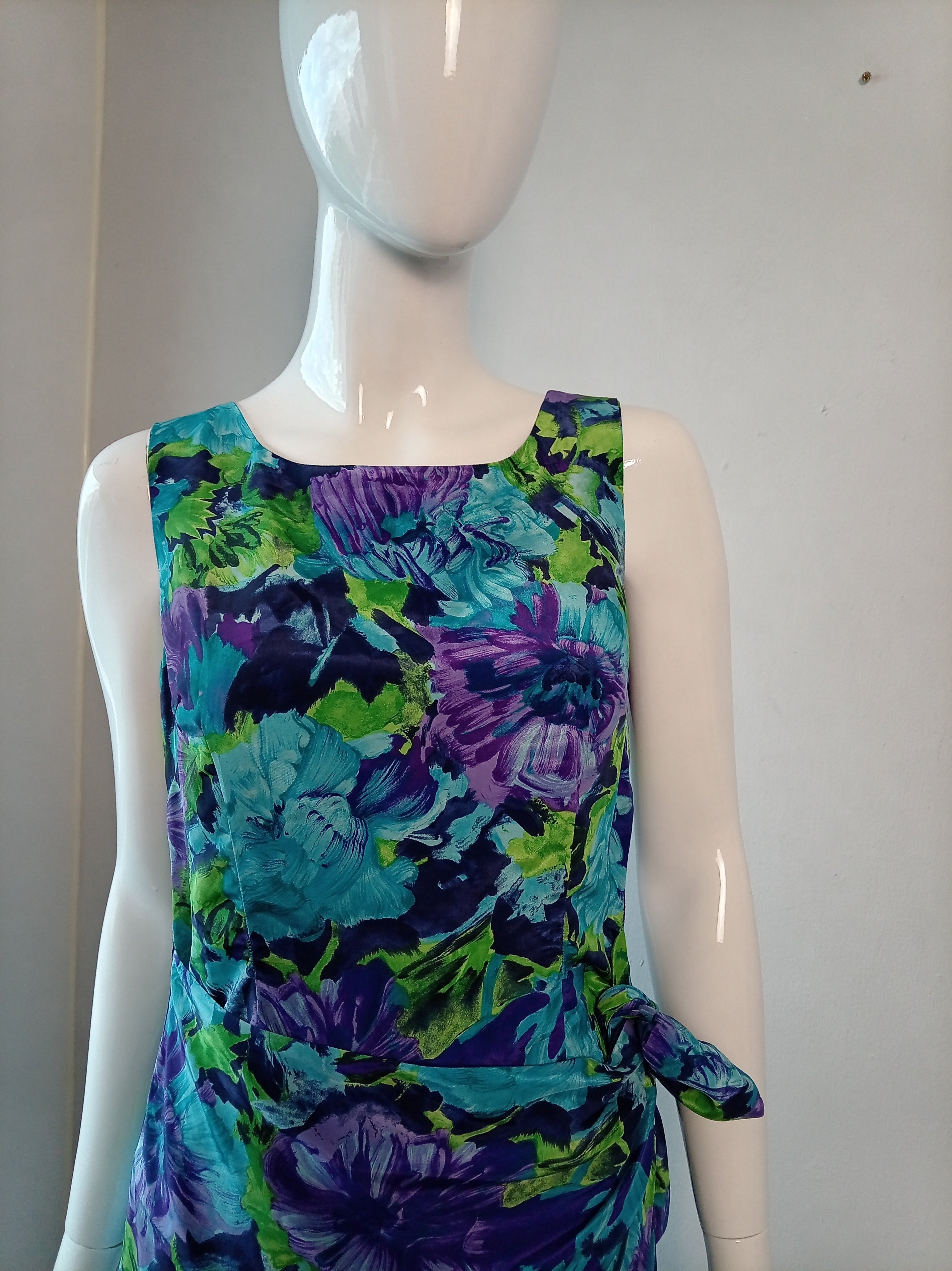 Vintage Josephine Walsh Abstract Floral Dress with Side Tie – UK 12/14
