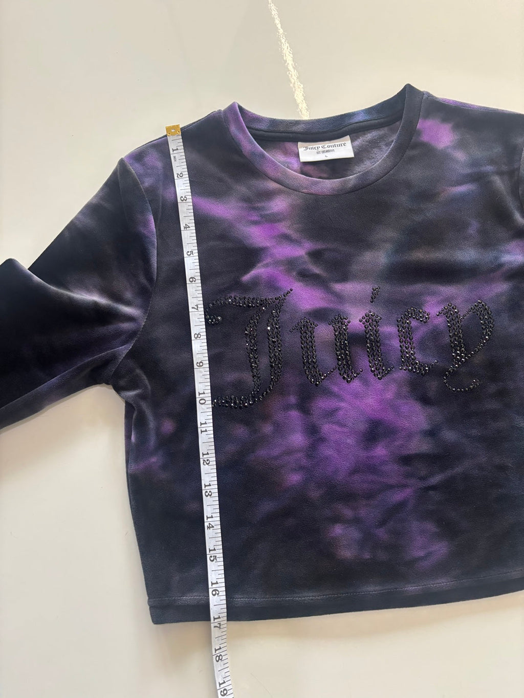 Juicy Couture Purple & Black Tie-Dye Velour Rhinestone Crop Top – Size L