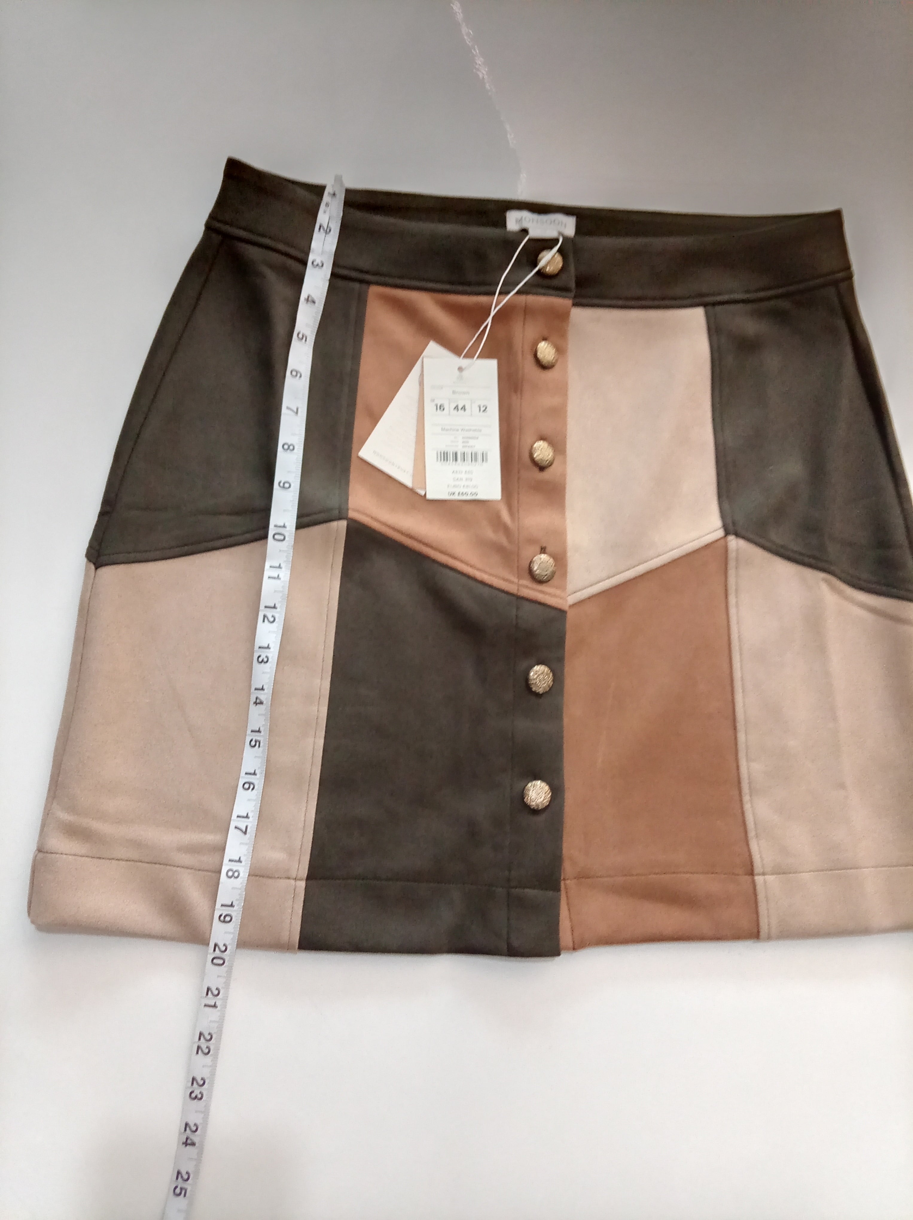 BNWT Monsoon Colour Block Faux Suede Mini Skirt UK 16 RRP £60 Retro Button Front
